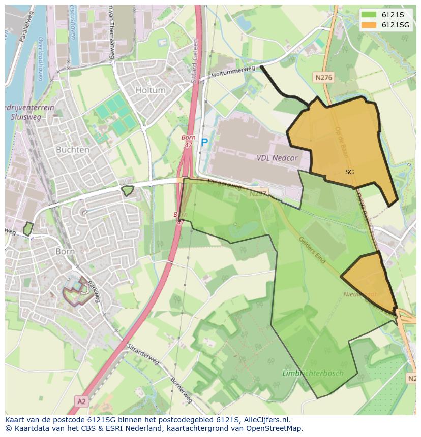 Afbeelding van het postcodegebied 6121 SG op de kaart.