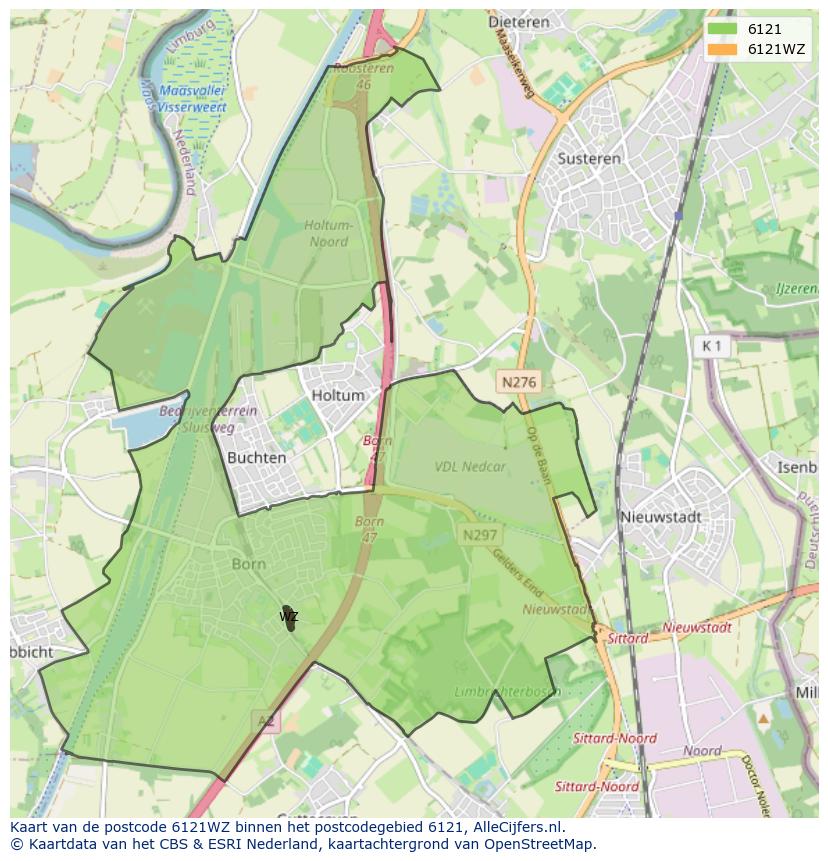 Afbeelding van het postcodegebied 6121 WZ op de kaart.
