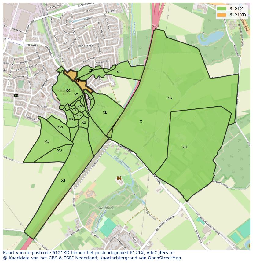 Afbeelding van het postcodegebied 6121 XD op de kaart.
