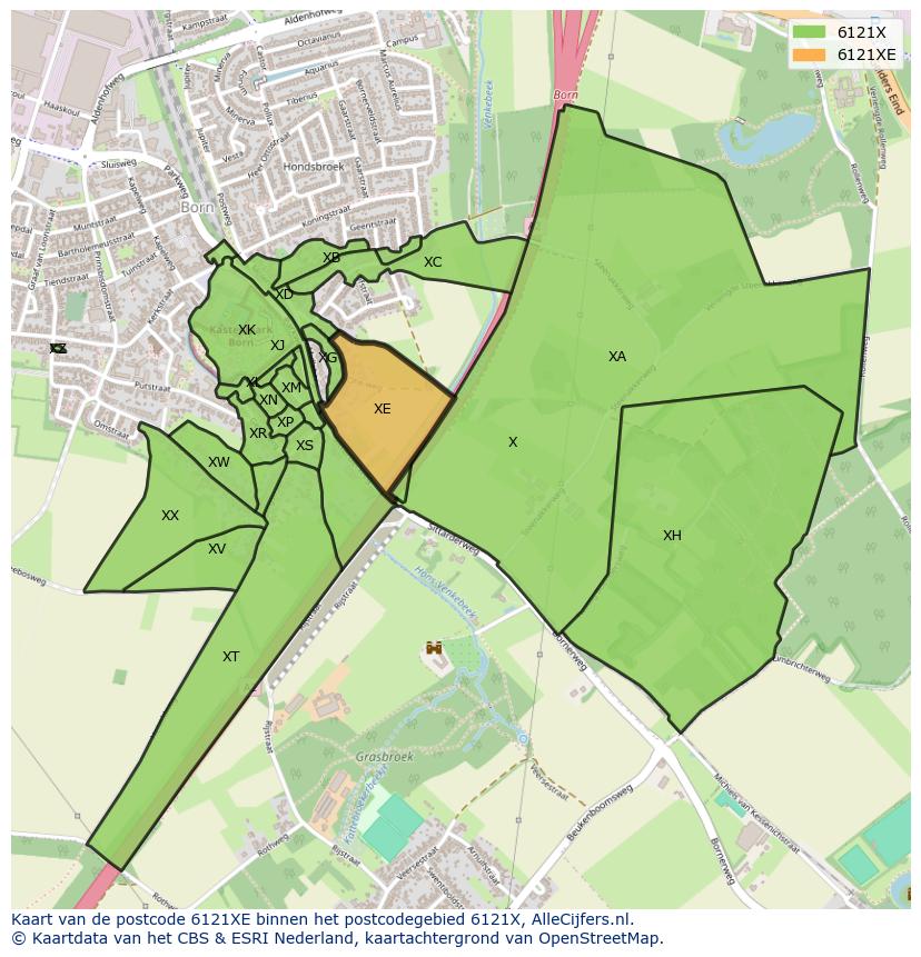 Afbeelding van het postcodegebied 6121 XE op de kaart.