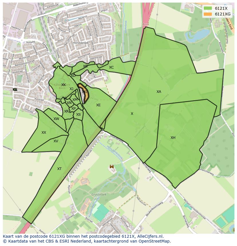 Afbeelding van het postcodegebied 6121 XG op de kaart.
