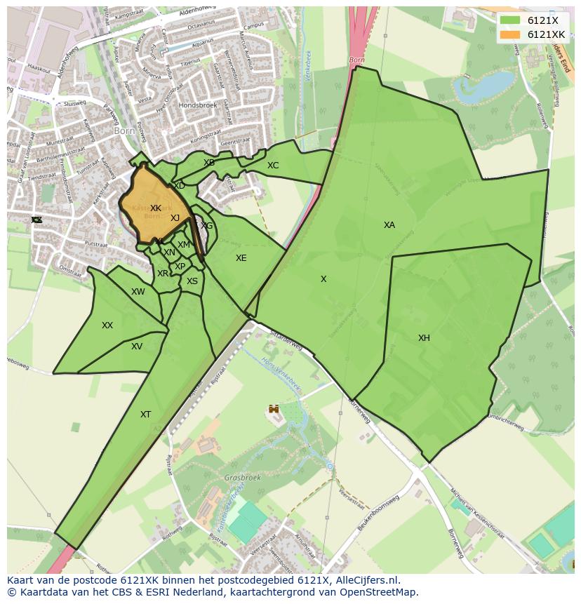 Afbeelding van het postcodegebied 6121 XK op de kaart.