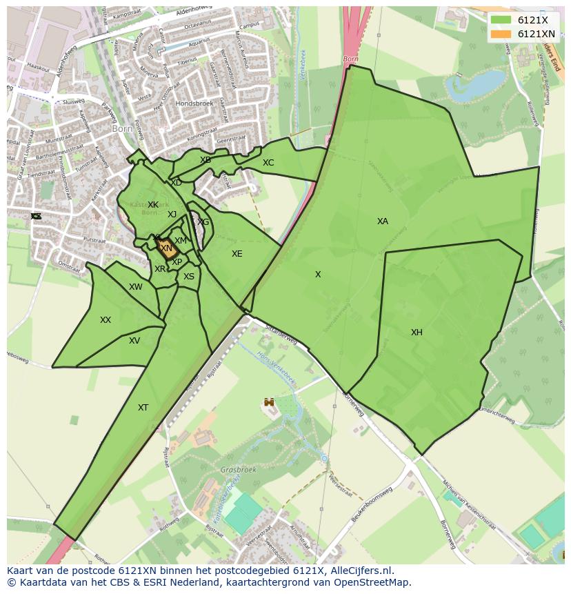 Afbeelding van het postcodegebied 6121 XN op de kaart.