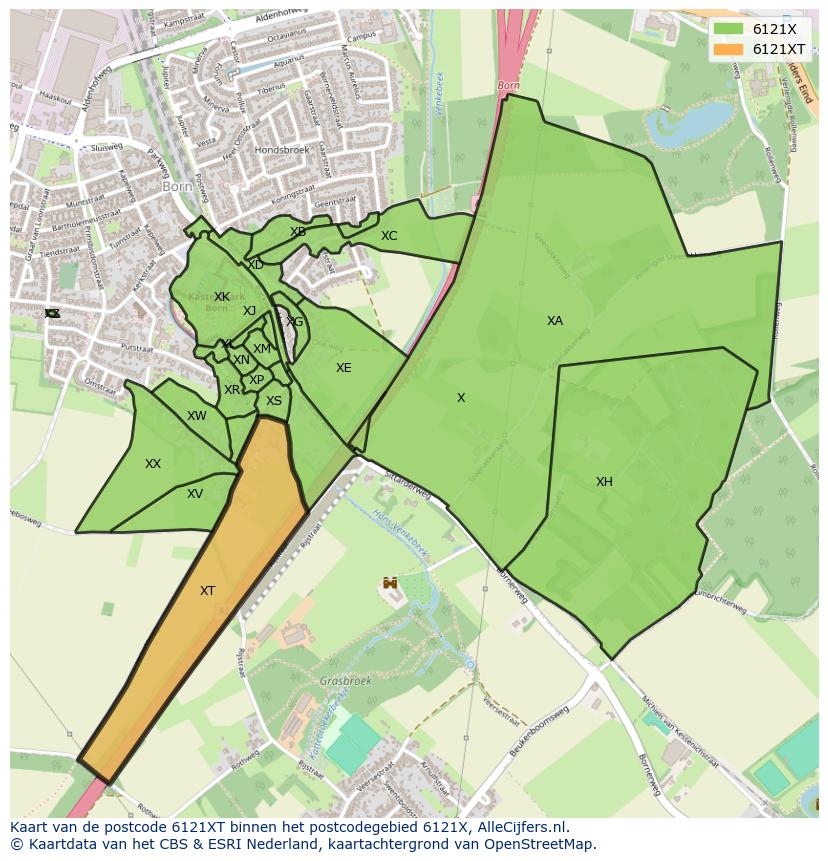 Afbeelding van het postcodegebied 6121 XT op de kaart.
