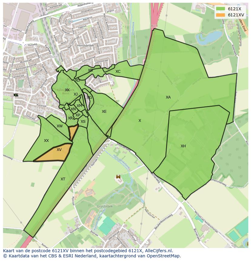 Afbeelding van het postcodegebied 6121 XV op de kaart.