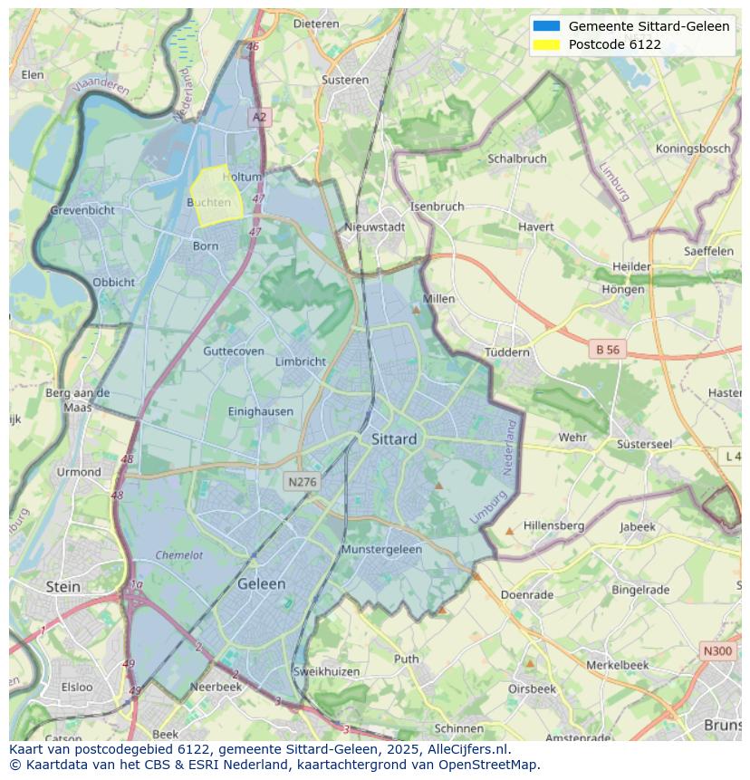 Afbeelding van het postcodegebied 6122 op de kaart.