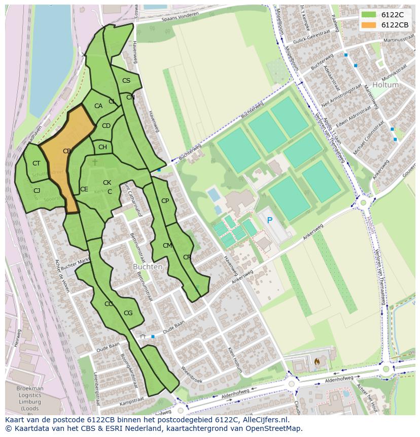 Afbeelding van het postcodegebied 6122 CB op de kaart.