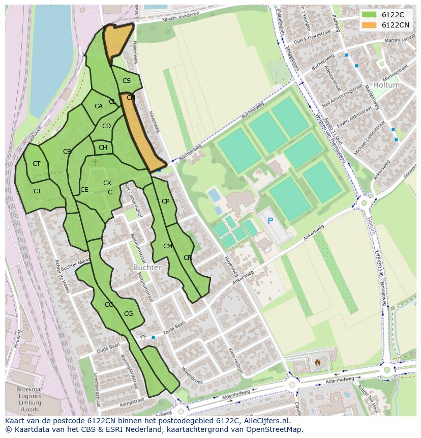 Afbeelding van het postcodegebied 6122 CN op de kaart.