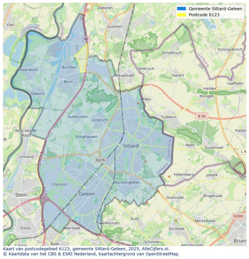 Afbeelding van het postcodegebied 6123 op de kaart.