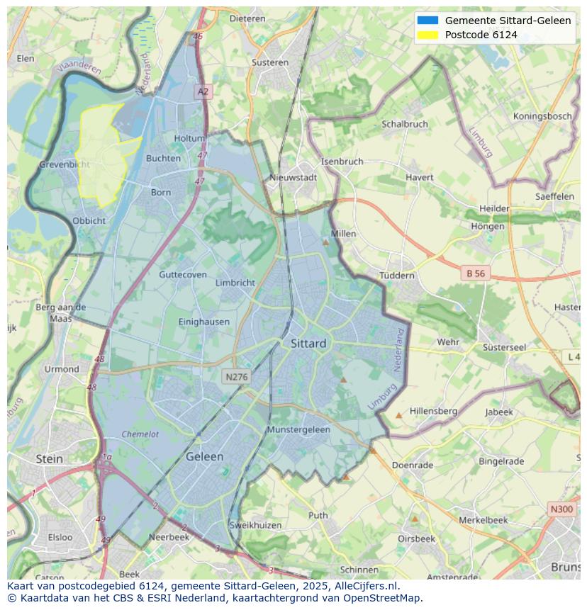 Afbeelding van het postcodegebied 6124 op de kaart.