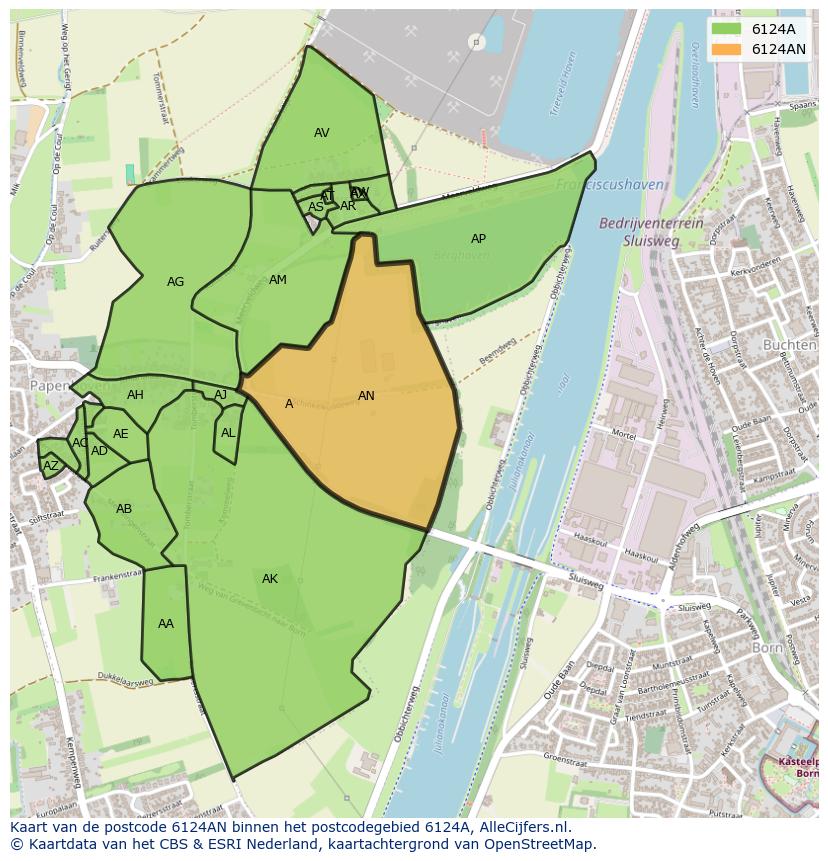 Afbeelding van het postcodegebied 6124 AN op de kaart.