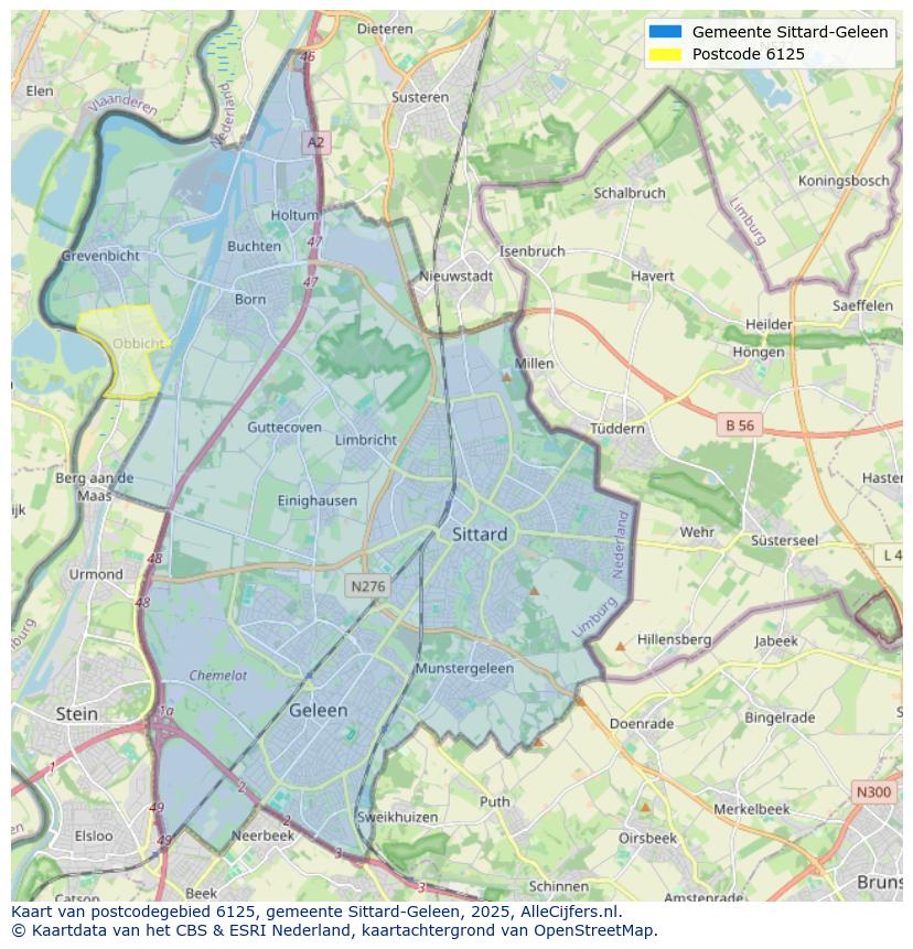 Afbeelding van het postcodegebied 6125 op de kaart.