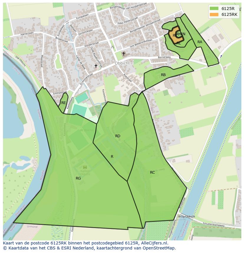 Afbeelding van het postcodegebied 6125 RK op de kaart.
