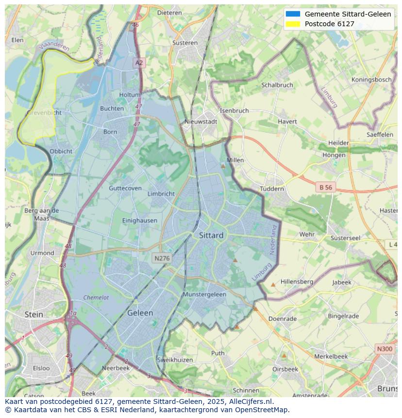 Afbeelding van het postcodegebied 6127 op de kaart.