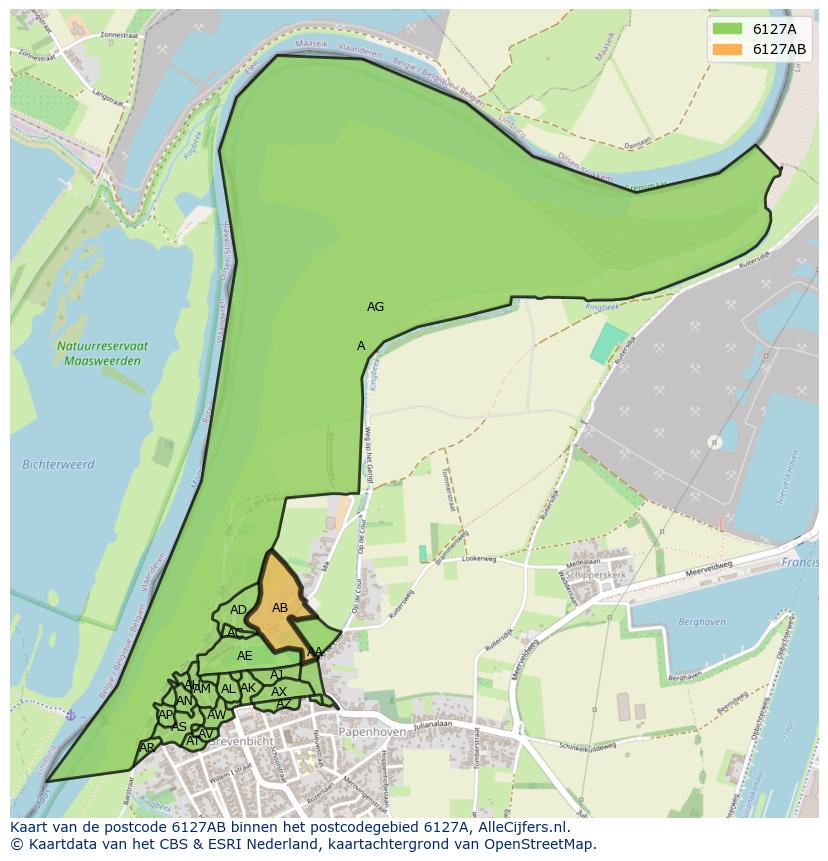Afbeelding van het postcodegebied 6127 AB op de kaart.