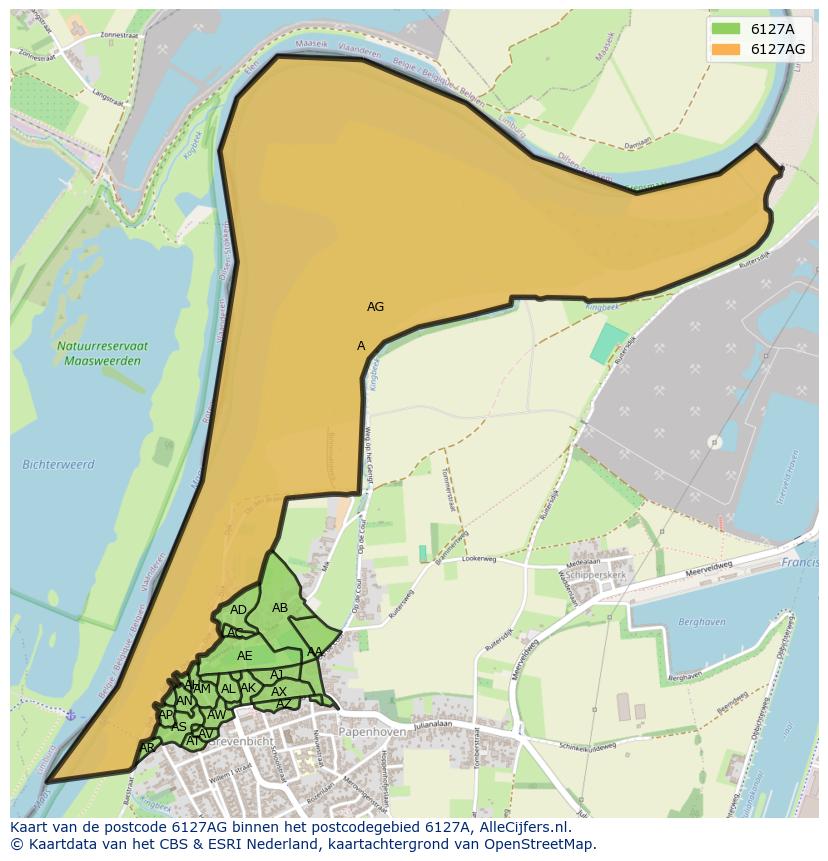 Afbeelding van het postcodegebied 6127 AG op de kaart.