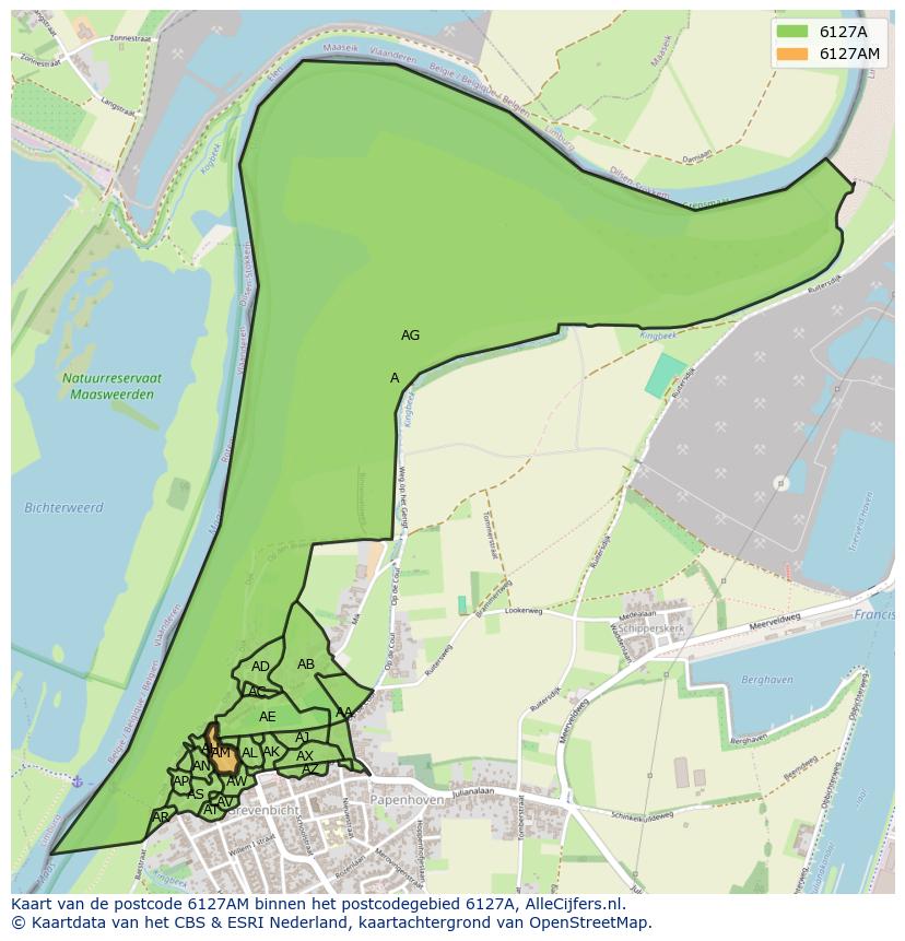 Afbeelding van het postcodegebied 6127 AM op de kaart.