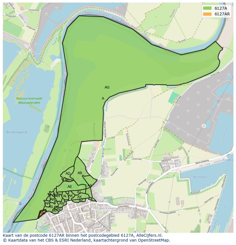 Afbeelding van het postcodegebied 6127 AR op de kaart.