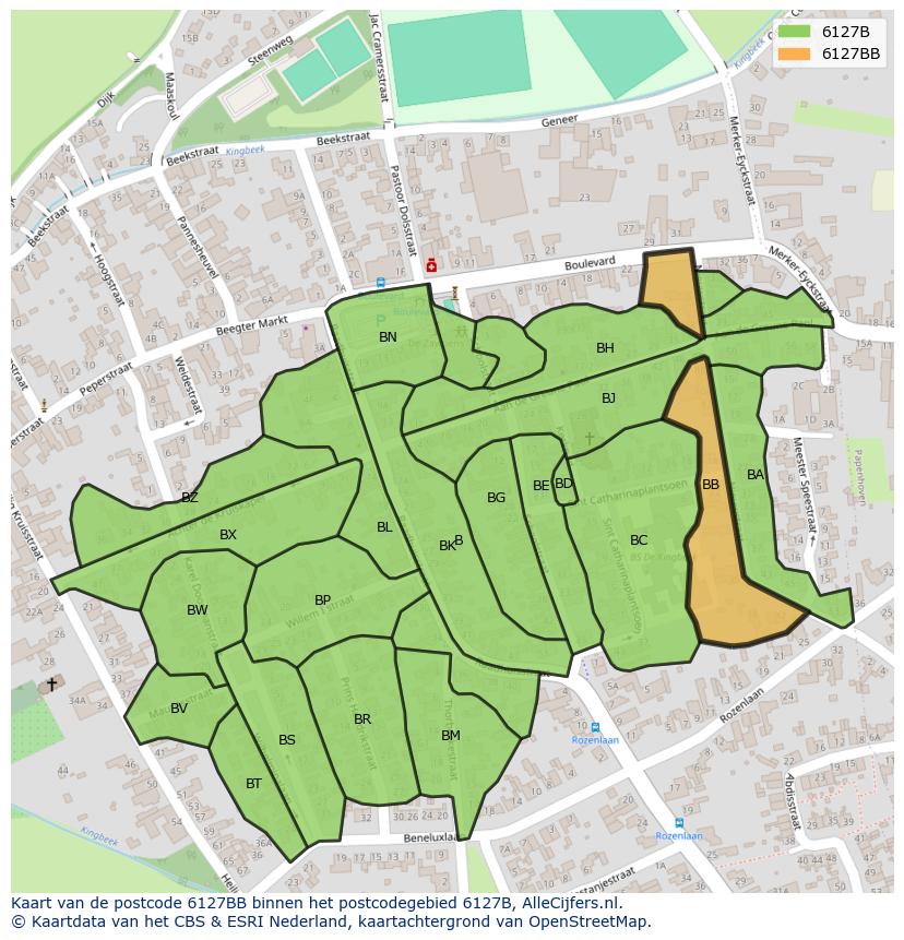 Afbeelding van het postcodegebied 6127 BB op de kaart.