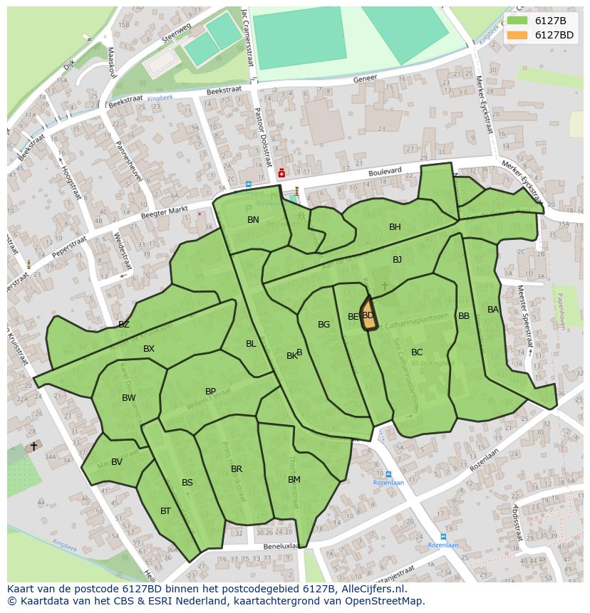 Afbeelding van het postcodegebied 6127 BD op de kaart.