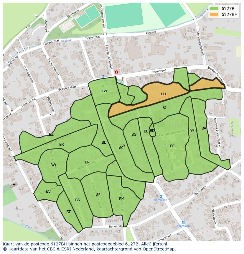 Afbeelding van het postcodegebied 6127 BH op de kaart.