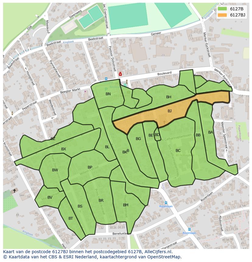 Afbeelding van het postcodegebied 6127 BJ op de kaart.
