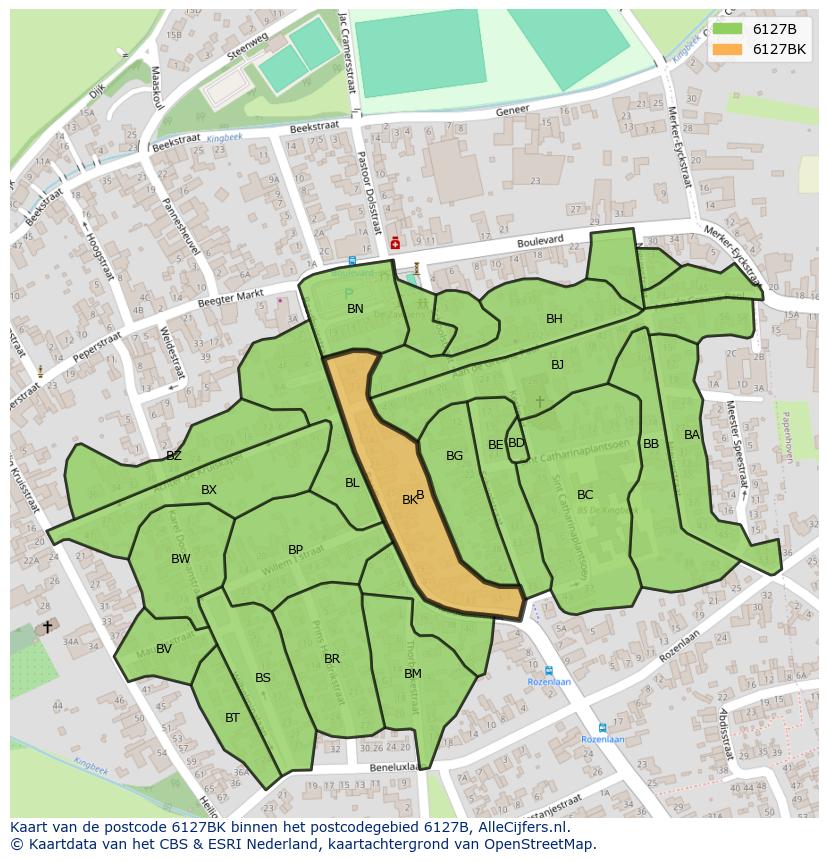 Afbeelding van het postcodegebied 6127 BK op de kaart.