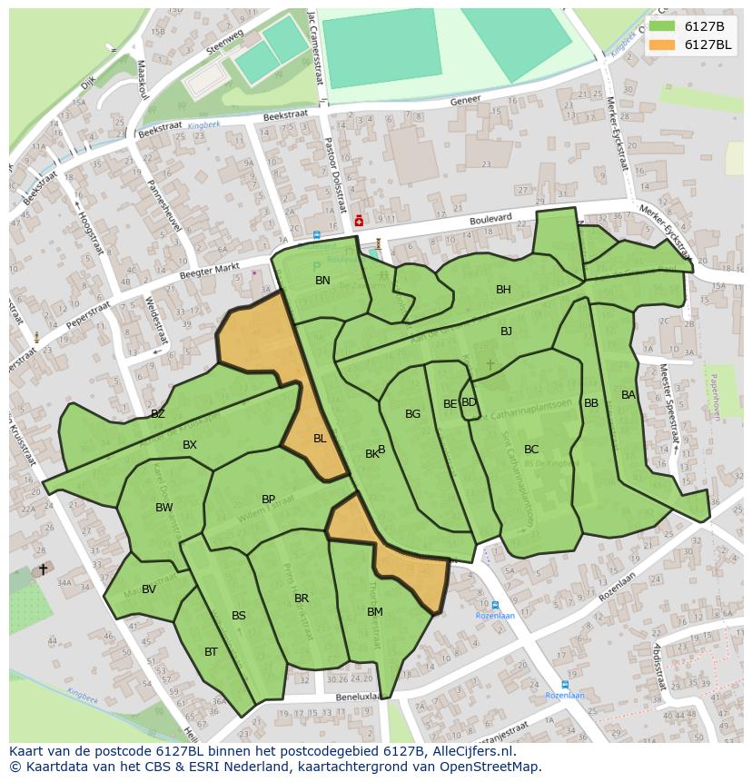 Afbeelding van het postcodegebied 6127 BL op de kaart.