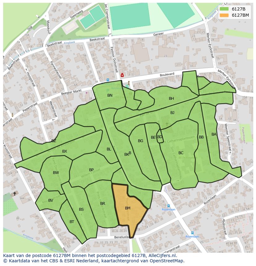 Afbeelding van het postcodegebied 6127 BM op de kaart.