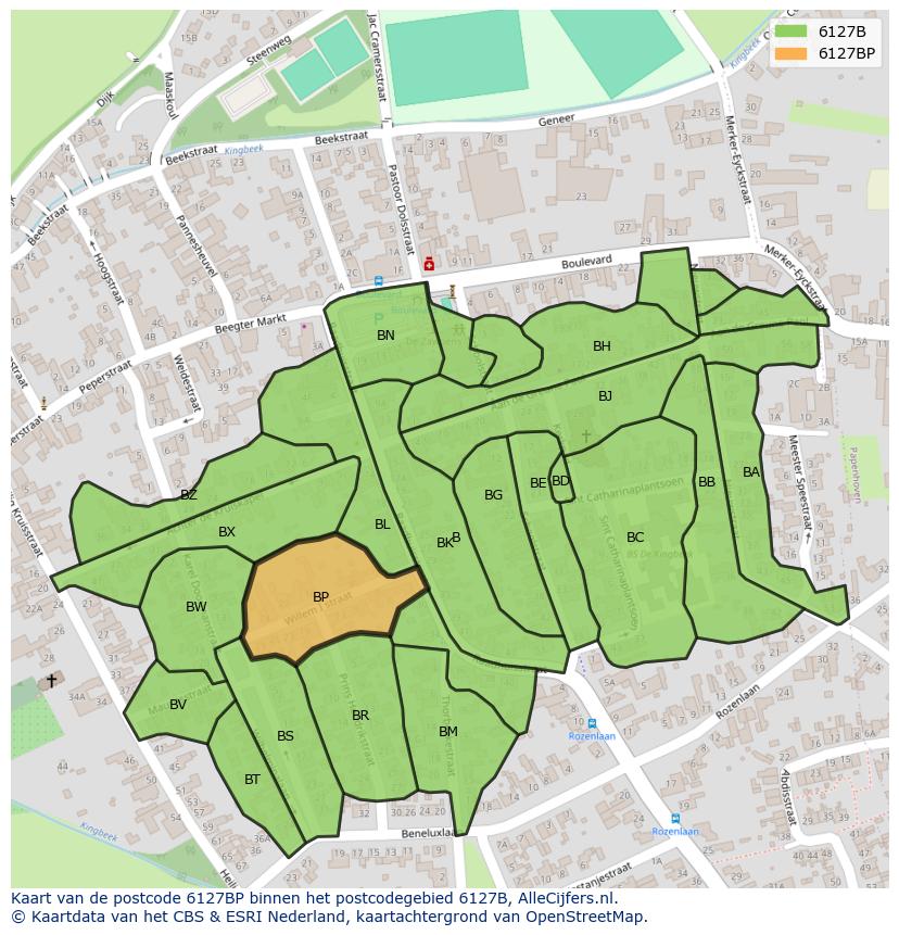 Afbeelding van het postcodegebied 6127 BP op de kaart.