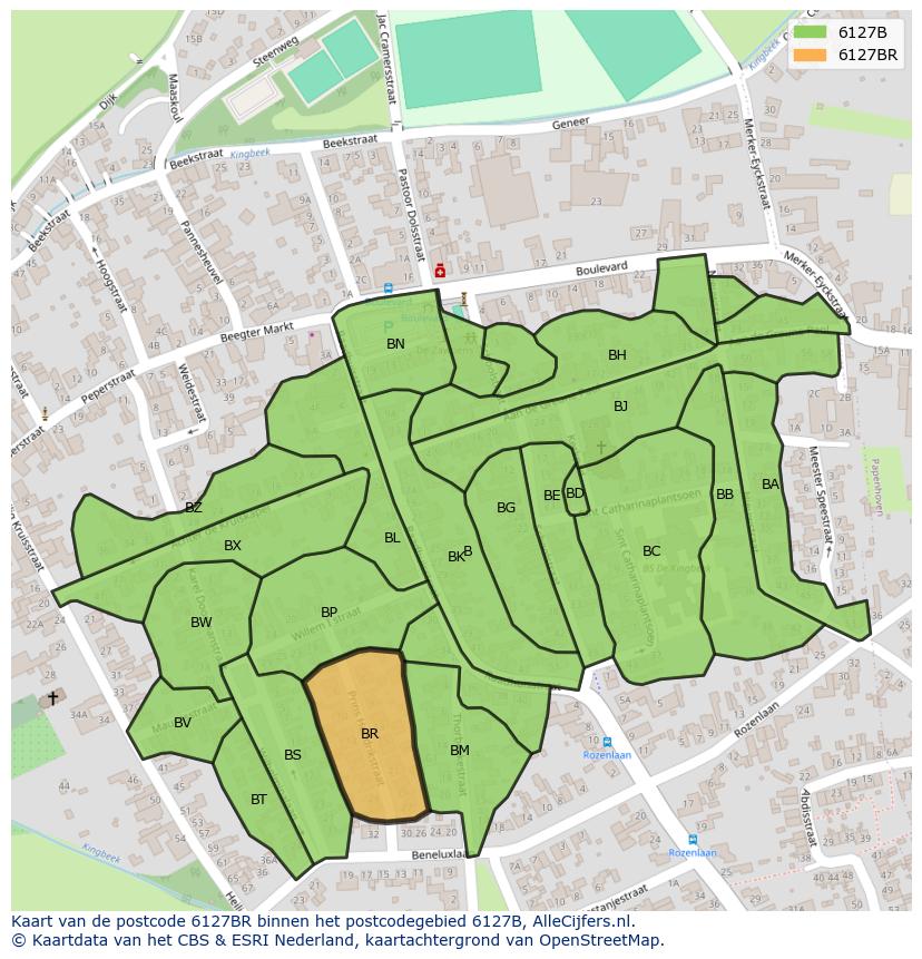 Afbeelding van het postcodegebied 6127 BR op de kaart.