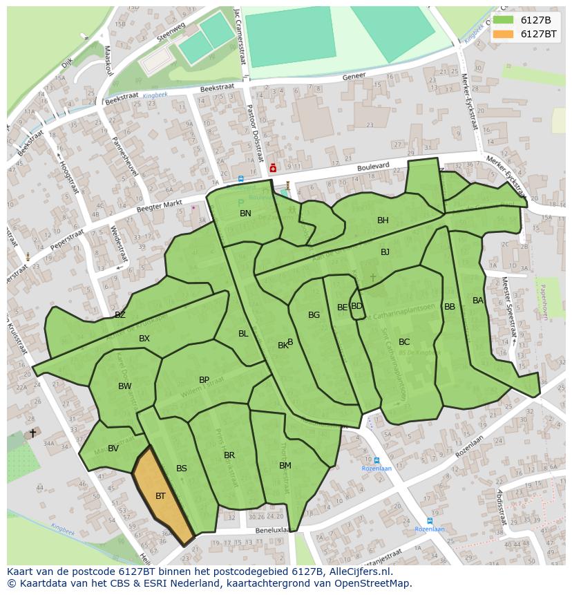 Afbeelding van het postcodegebied 6127 BT op de kaart.