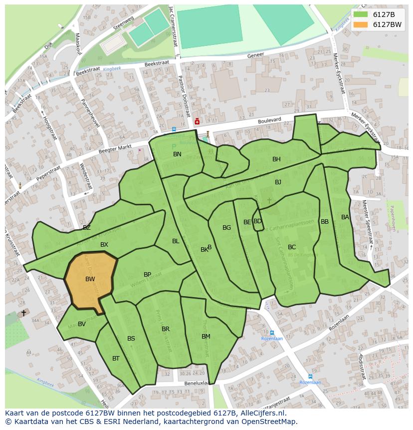 Afbeelding van het postcodegebied 6127 BW op de kaart.