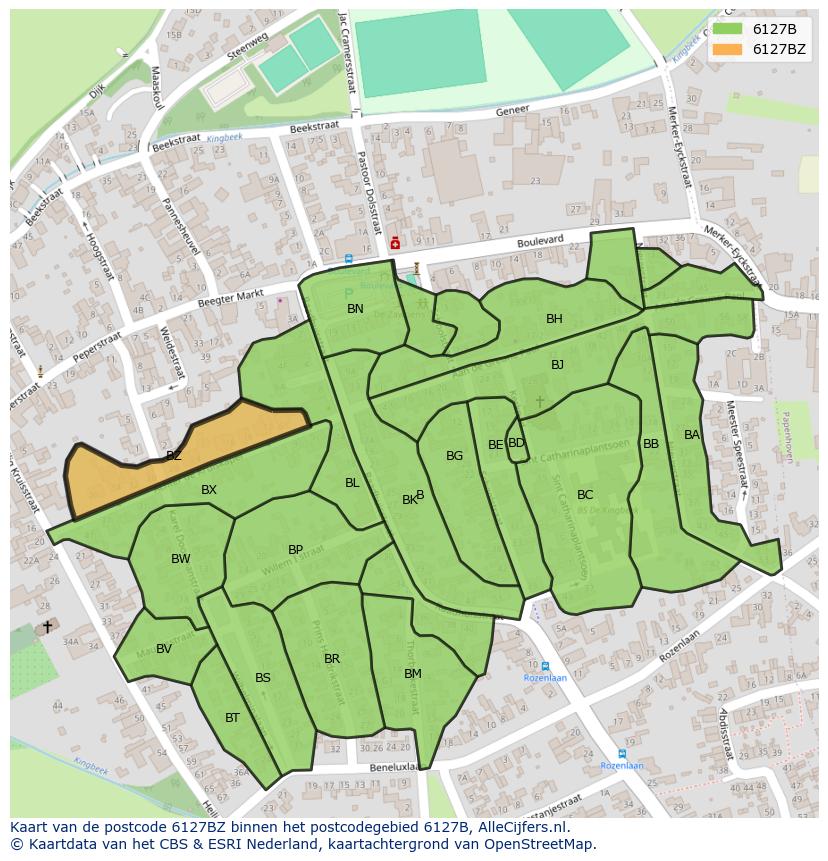 Afbeelding van het postcodegebied 6127 BZ op de kaart.