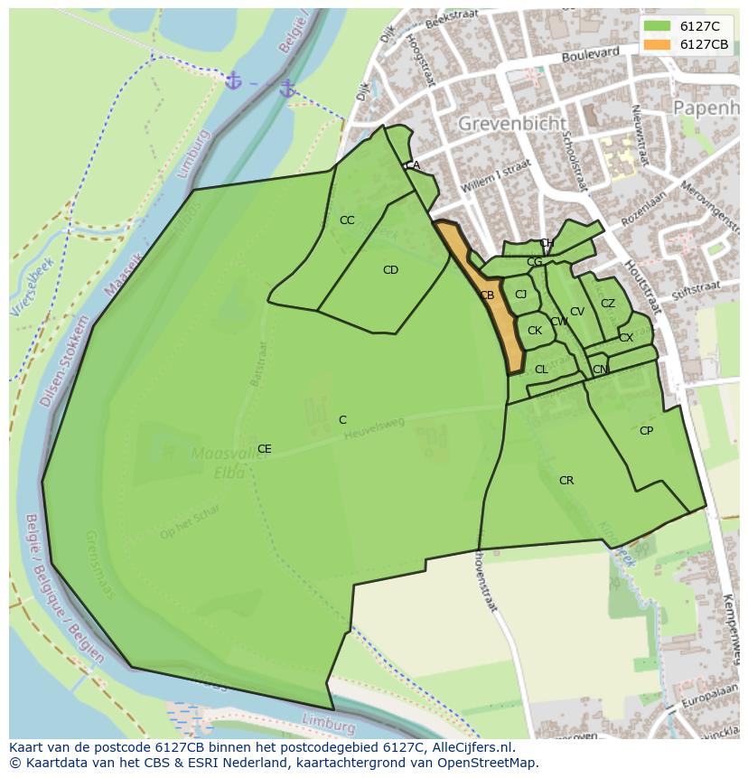 Afbeelding van het postcodegebied 6127 CB op de kaart.