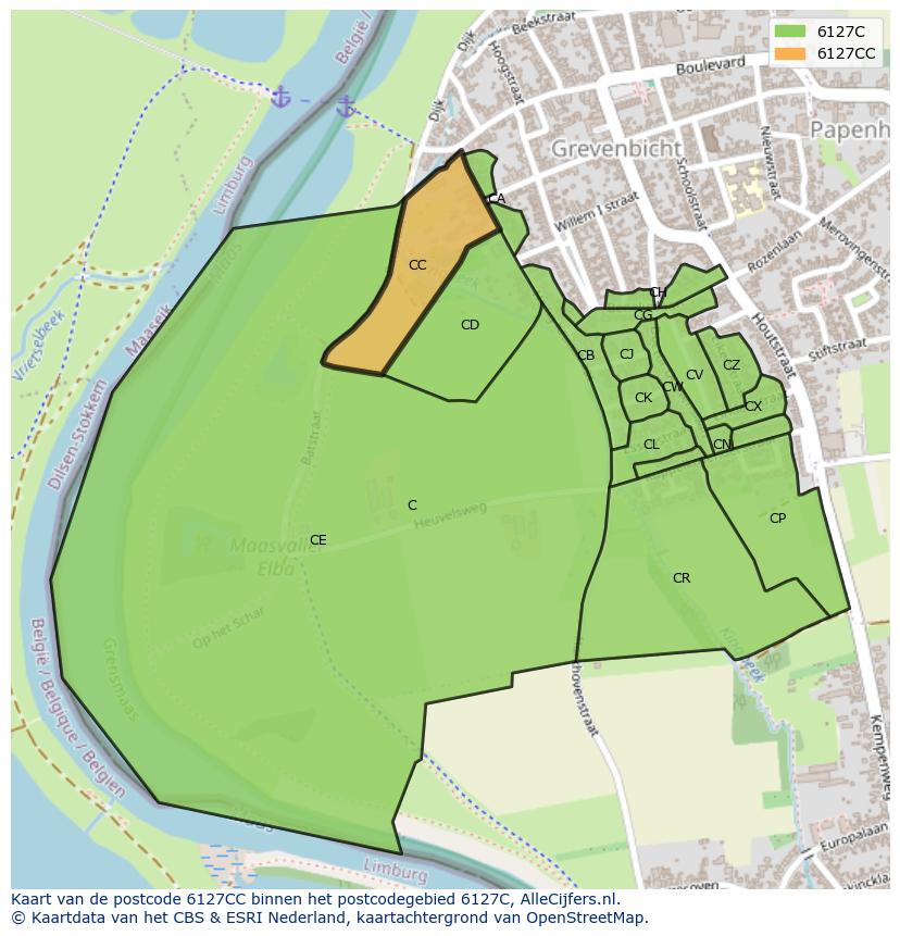 Afbeelding van het postcodegebied 6127 CC op de kaart.