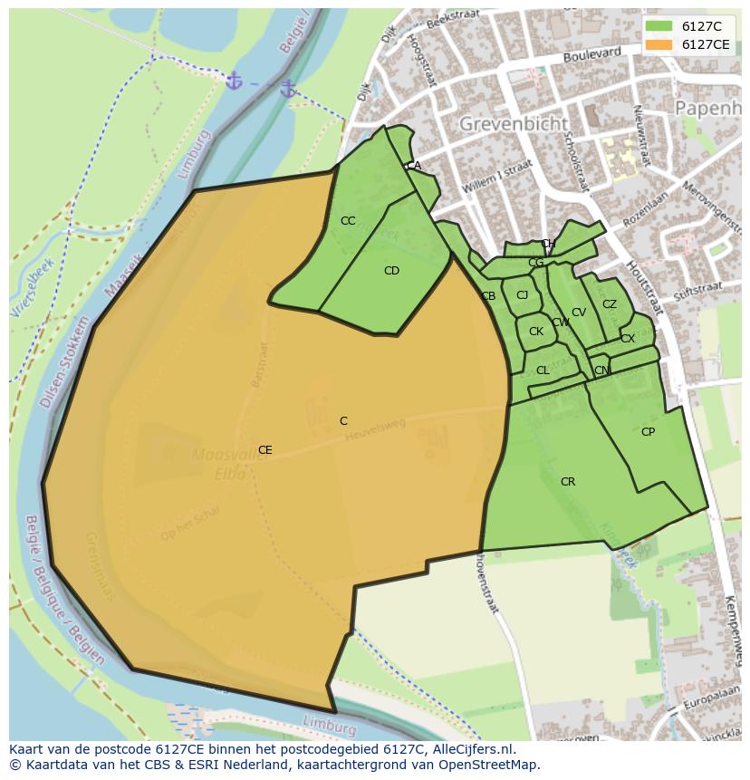 Afbeelding van het postcodegebied 6127 CE op de kaart.