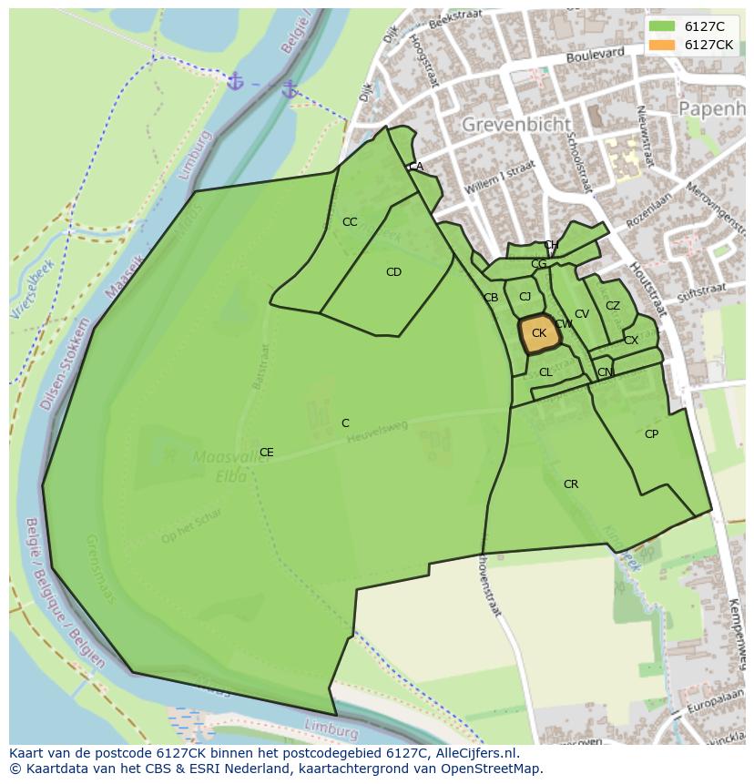Afbeelding van het postcodegebied 6127 CK op de kaart.