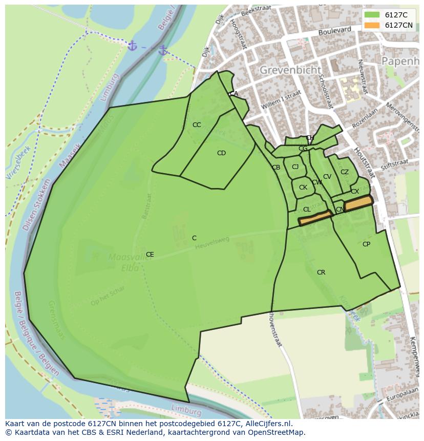 Afbeelding van het postcodegebied 6127 CN op de kaart.
