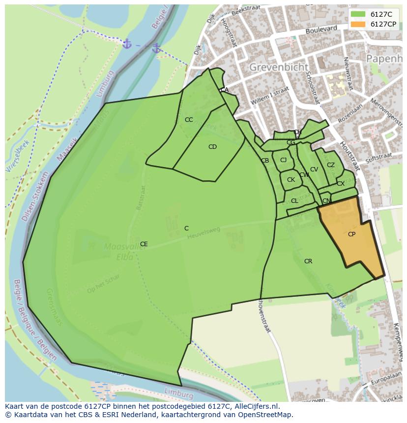 Afbeelding van het postcodegebied 6127 CP op de kaart.