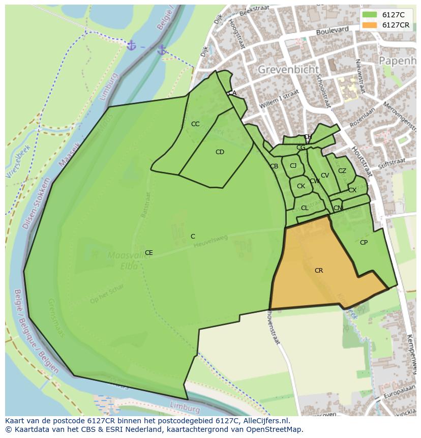 Afbeelding van het postcodegebied 6127 CR op de kaart.