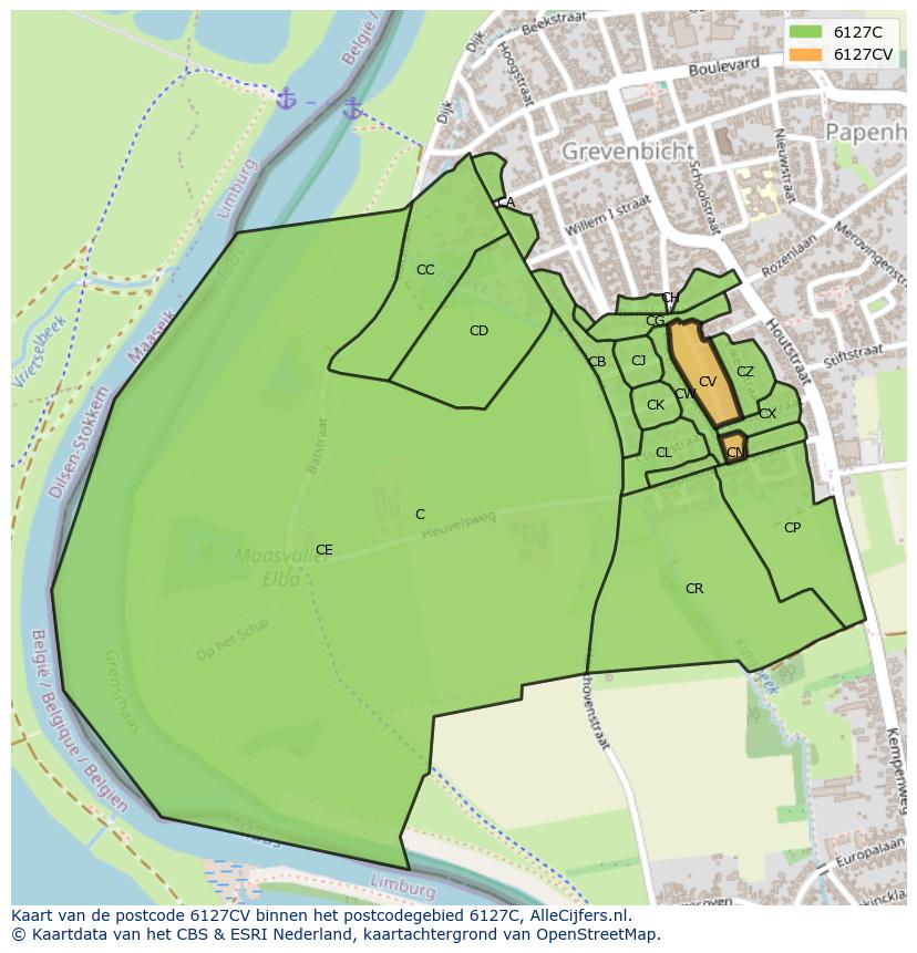 Afbeelding van het postcodegebied 6127 CV op de kaart.