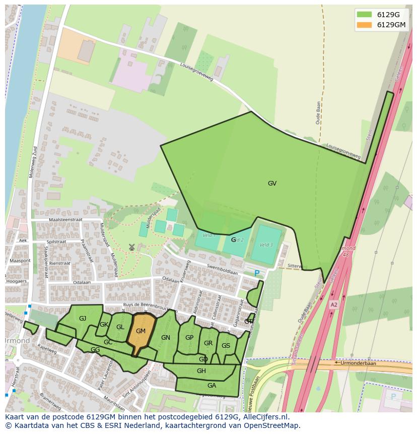 Afbeelding van het postcodegebied 6129 GM op de kaart.
