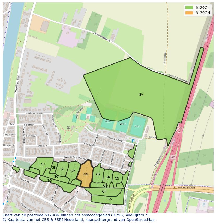 Afbeelding van het postcodegebied 6129 GN op de kaart.