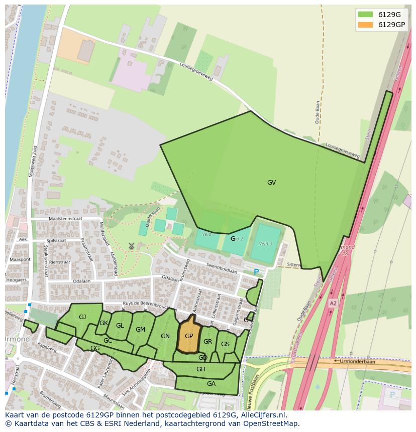 Afbeelding van het postcodegebied 6129 GP op de kaart.