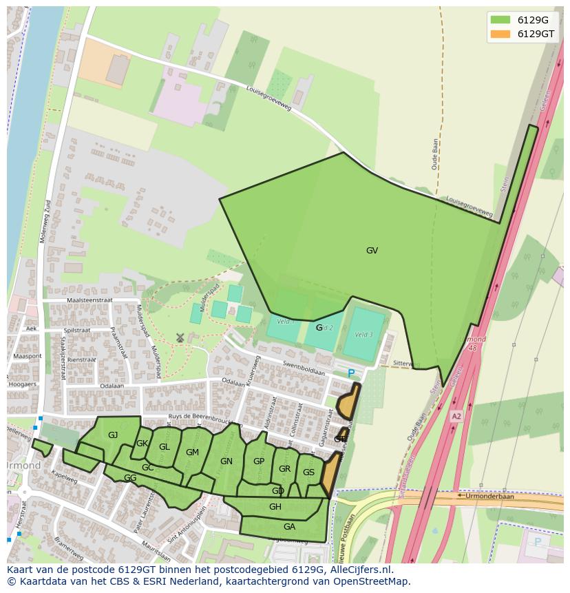 Afbeelding van het postcodegebied 6129 GT op de kaart.