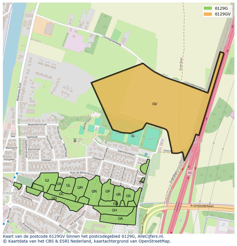 Afbeelding van het postcodegebied 6129 GV op de kaart.