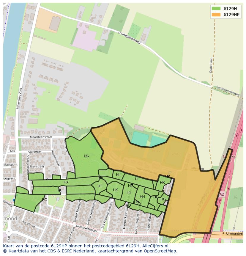 Afbeelding van het postcodegebied 6129 HP op de kaart.