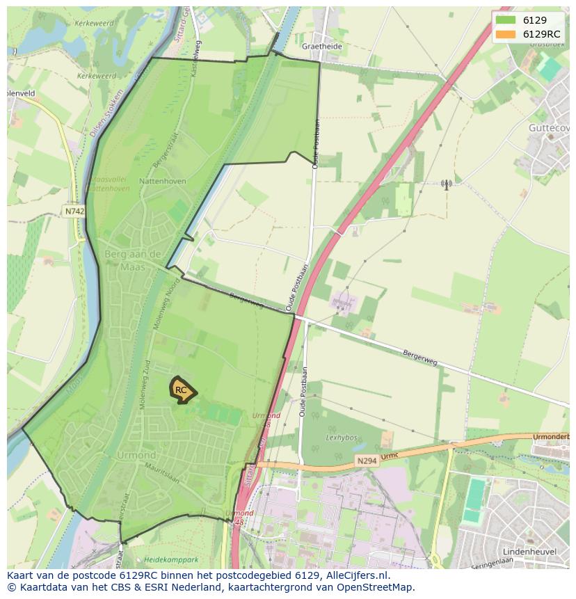 Afbeelding van het postcodegebied 6129 RC op de kaart.