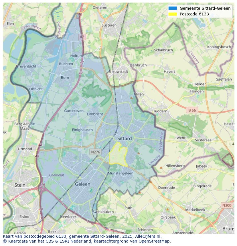 Afbeelding van het postcodegebied 6133 op de kaart.